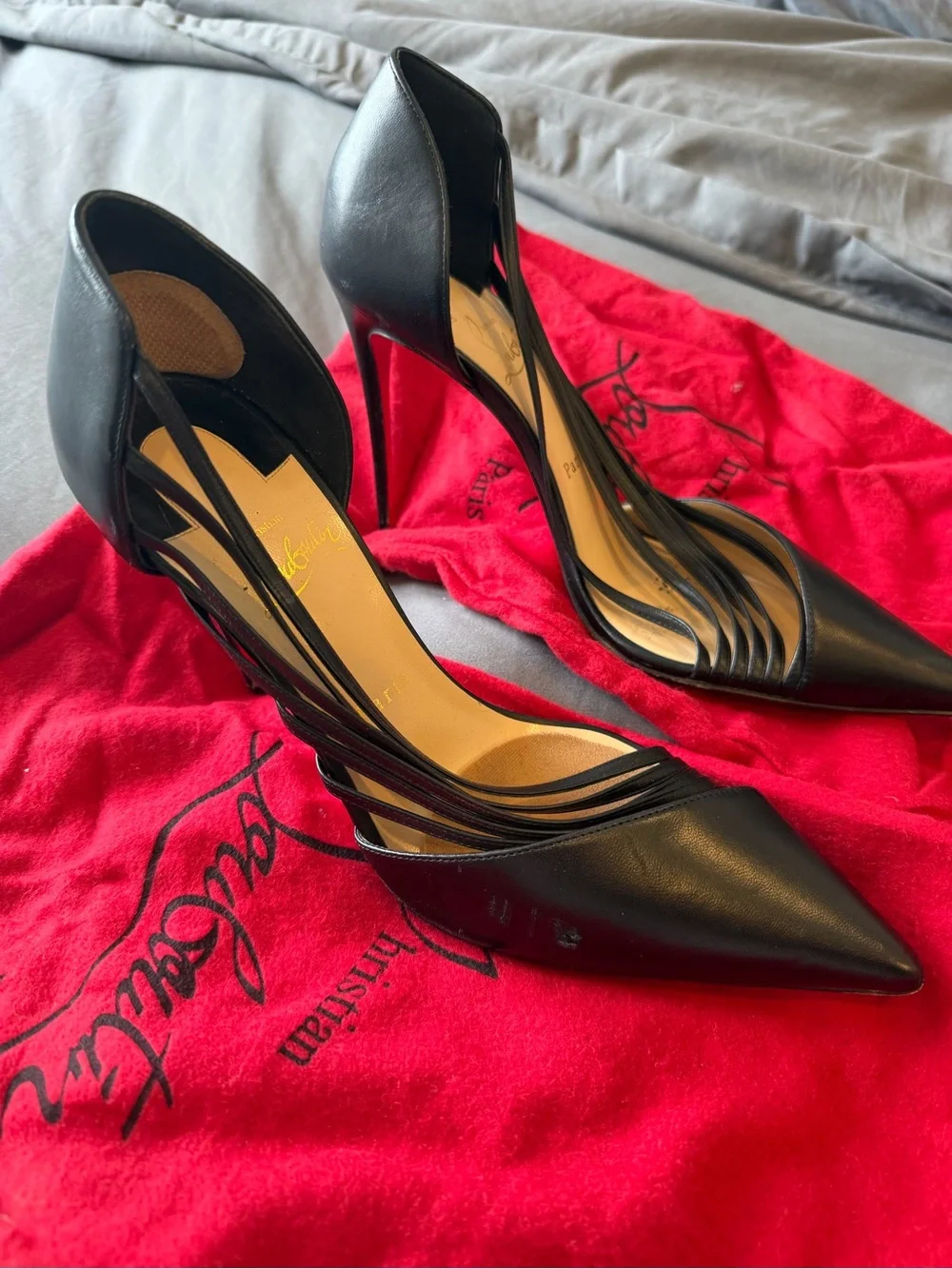 Christian Louboutin Black Pointed Leather Multi-Strap Pumps